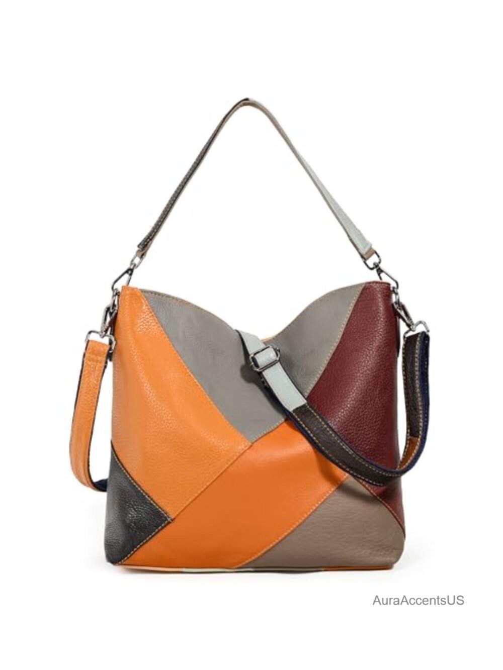 Genuine Leather Hobo Shoulder Bag Patchwork Crossbody Purse Removable Strap